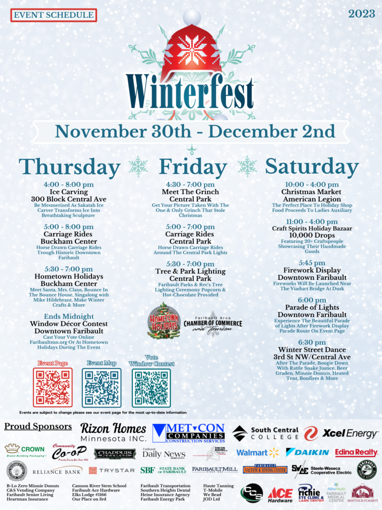 Event Schedule, Faribault Winterfest, Downtown Faribault, Faribault festivals, Winter Festival
