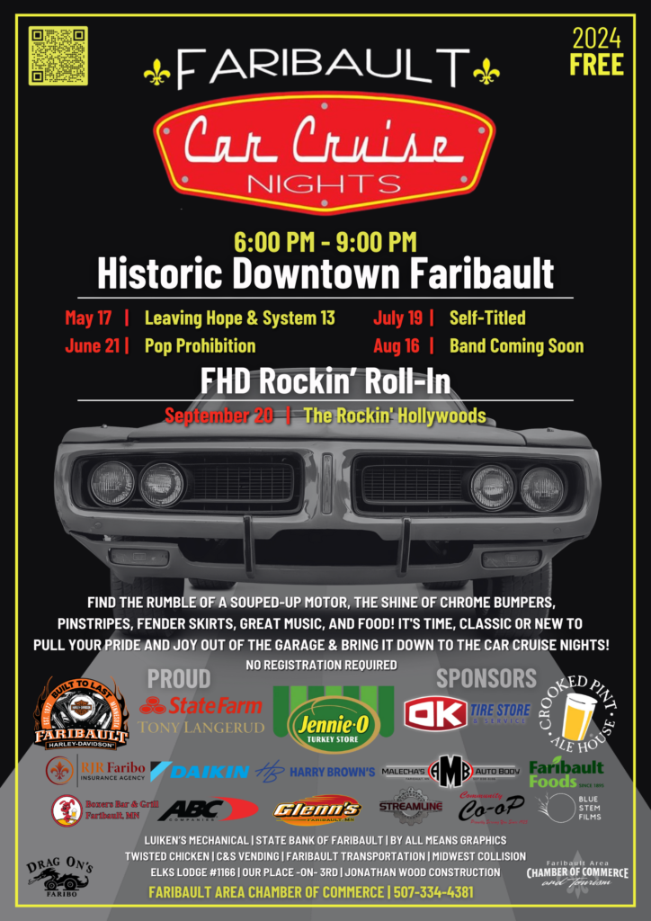 2024 Faribault Car Cruise Nights. Historic Downtown Faribault. May 17th June 21st July 19th Aug16